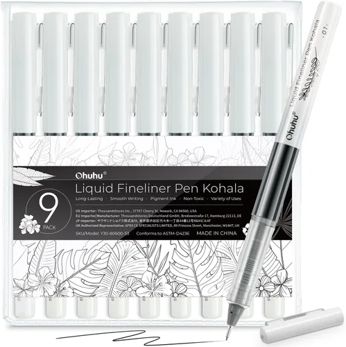 Ohuhu Plumas de dibujo fineliner líquidas: 9 tamaños de micro bolígrafos, plumas de pigmento de tinta negra impermeable al agua y resistente al