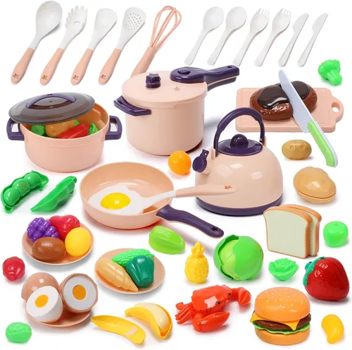 CUTE STONE - Juego de 51 piezas de accesorios de cocina en miniatura para niños, juego de cocina de imitación con ollas, sartenes, utensilios,