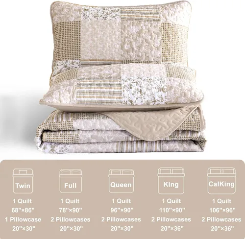Miniatura 5 de Mybedsoul Juego de edredón bohemio beige tamaño individual, juego de colcha floral a cuadros de 3 piezas, juego de ropa de cama reversible