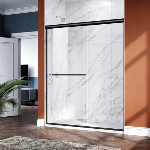 Miniatura 2 de ELEGANT Puerta corredera doble de ducha de 60 pulgadas de ancho x 72 pulgadas de alto, puertas de cristal de ducha de baño semi-marco, vidrio Negro
