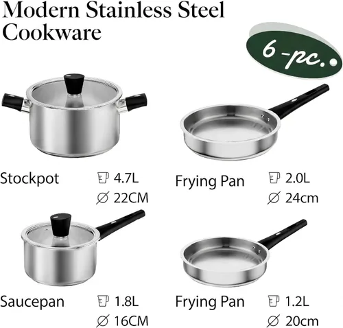 Miniatura 5 de Meythway 𝐔𝐏𝐆𝐑𝐀𝐃𝐄 Juego de ollas y sartenes de acero inoxidable no tóxico, juego de 6 piezas de utensilios de cocina con mangos de enfriamiento