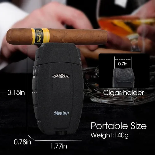 Miniatura 5 de Encendedor de puros todo en uno con chorro ajustable de doble llama, perforador/soporte de puros integrado, regalo honorable para hombres