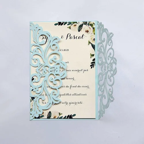 Miniatura 4 de 25 piezas de tarjetas de invitaciones de boda cortadas con láser con purpurina verde con sobres, hojas interiores en blanco, cintas