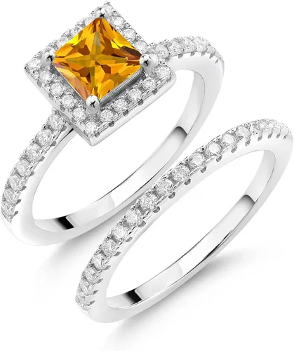 Miniatura 13 de 925 Sterling Silver Halo Bridal Ring Band Set for Women 5MM Princess Cut Gemstone Birthstone with Round White Moissanite Accents Wedding