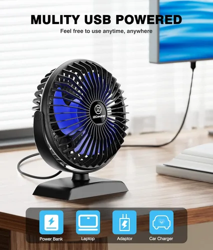 Miniatura 5 de JZCreater Paquete de 2 mini ventiladores de escritorio, funcionamiento ultrasilencioso de 3 velocidades, ventilador de refrigeración USB portátil