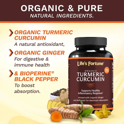 Miniatura 3 de Life's Fortune Curcumina de cúrcuma orgánica con pimienta negra y jengibre, absorción mejorada, suplemento extra fuerte, apoyo articular e