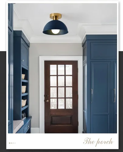 Miniatura 6 de Lámpara de techo industrial semiempotrada con placa dorada y pantalla azul, lámpara de techo de granja para cocina, isla, comedor, vestíbulo