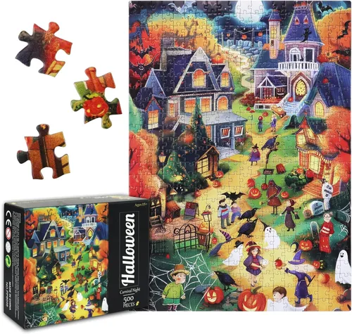 Miniatura 7 de Rompecabezas de Halloween de 500 piezas para adultos, rompecabezas de ciudad de Halloween, rompecabezas desafiante perfecto para noches
