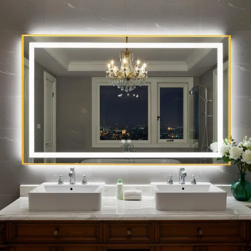 Miniatura 27 de Espejo de baño LED de 24 x 32 pulgadas con luces, espejo de tocador de baño con marco negro con luz frontal + retroiluminación para pared, vidrio