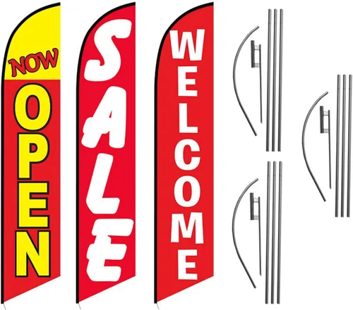 Now Open Sale Welcome Advertising - Paquete de kits de banderas de plumas, incluye 3 banderas de bandera, 3 postes de bandera y 3 estacas de tierra