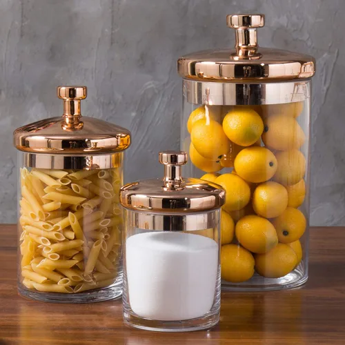 MyGift Juego de tarros de vidrio tipo boticario para galletas con tapa de cobre - Recipientes decorativos para almacenamiento en cocina y baño,