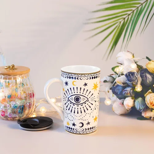 Miniatura 4 de NymphFable Taza de café de cerámica de 18 onzas con diseño de ojos bohemios con asa, taza de té personalizada con patrón de horneado grande