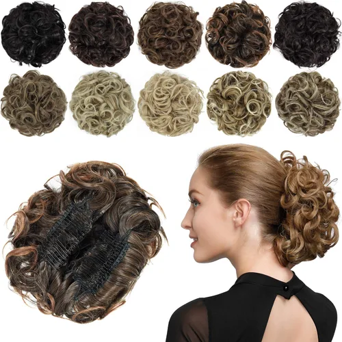 Miniatura 12 de Rose bud Postizo de Moño Rizado Extensiones de Moño Coletero Peinado Recogido Peinetas Sintéticas en Postizo de Moño Desordenado para Mujeres Marrón