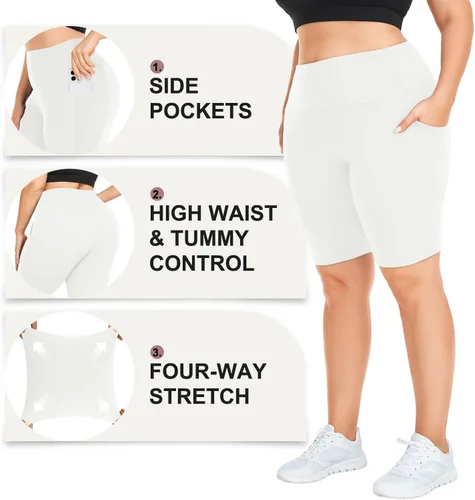 Miniatura 20 de MOREFEEL Pantalones cortos de ciclismo de talla grande de 8 pulgadas con bolsillos para mujer, cintura alta, control de abdomen, pantalones cortos