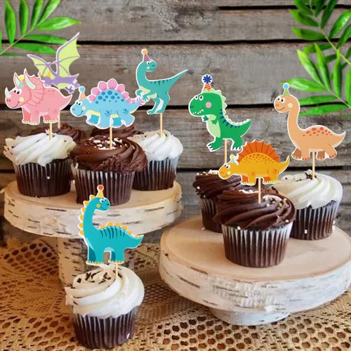 Miniatura 3 de Ercadio Paquete de 32 adornos para cupcakes de dinosaurios de dibujos animados, lindos dinosaurios para bebé, temática de dinosaurio, baby shower