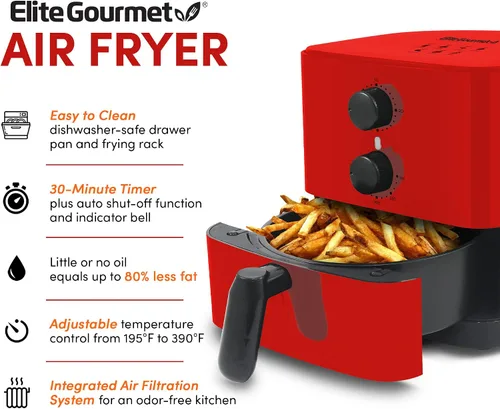 Miniatura 2 de Elite Gourmet EAF-3218R Freidora Personal Compacta de aire caliente eléctrica, ahorra espacio y sin aceite, control de tiempo y temperatura, 1.1 Rojo