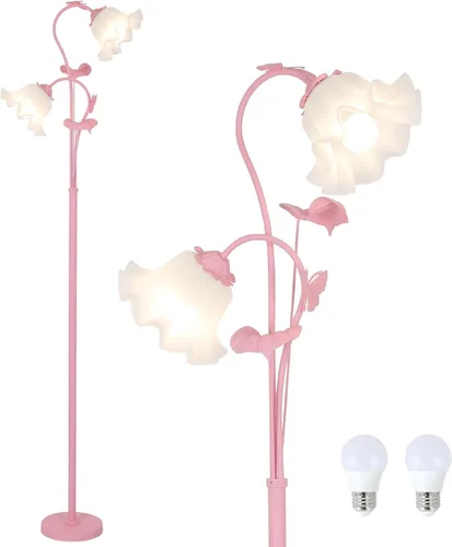 Miniatura 11 de HMVPL Lámpara de pie blanca con flores, lámpara alta floral con 2 bombillas LED de 5W, interruptor de pie, lámpara de pie moderna de esquina