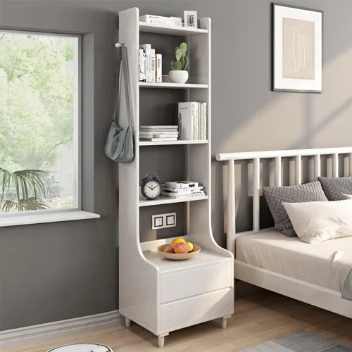 Miniatura 10 de IOTXY Mesa de Noche Gris con Estantería - 71" de Alto, Librero de Madera Independiente con Estantes Abiertos, Cajones y 4 Estantes para Dormitorio