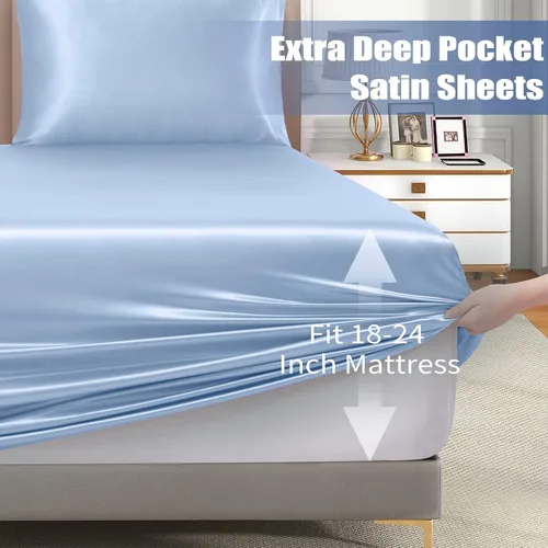 Miniatura 5 de VACVELT Sábana bajera ajustable de satén con bolsillo extra profundo, tamaño matrimonial, color azul bebé, juego de ropa de cama sedosa y 2 fundas