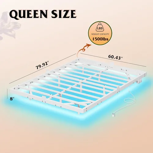 Miniatura 2 de WLIVE Base de cama flotante tamaño Queen, plataforma de metal resistente de 1500 libras con luz LED y estación de carga, no necesita somier, fácil