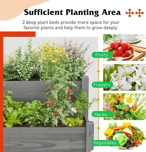 Miniatura 3 de Giantex Juego de 2 camas de jardín elevadas, caja de madera elevada, kit de cama elevada para flores, verduras, frutas, hierbas, contenedor de Gris