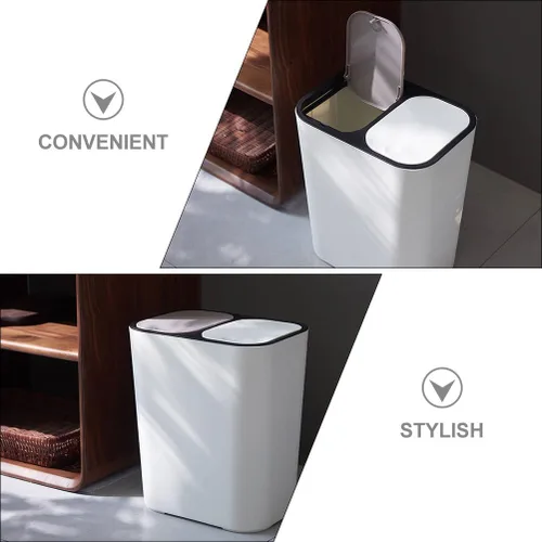 Miniatura 9 de Bote de basura de doble compartimento para residuos de cocina, contenedor de basura blanco con tapa para separación seca y húmeda, elegante cubo