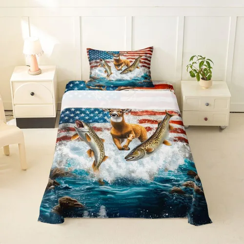 Miniatura 60 de Erosebridal American Flag Bed Sheets Twin Army Green Camo Deep Pocket Fitted Sheet for Kids Boys Girls Bear Claw Hunting Theme Bedding Set Camoflage