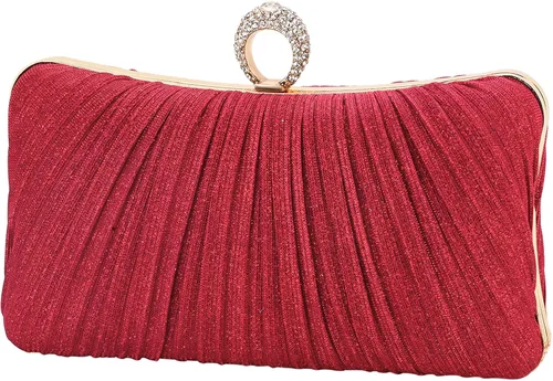 iWISH Bolso de mano con purpurina dorada para mujer, bolsa de noche plisada para novia, boda, fiesta con anillo de diamantes de imitación