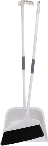 Lurrose Juego de escoba y recogedor resistente para suelos con cerdas suaves y mango largo ergonómico para azulejos de cocina y superficies de Blanco