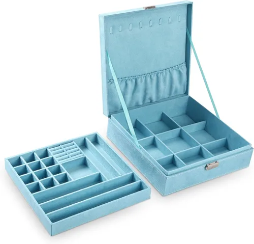 Miniatura 8 de Joyero de dos capas con tela con pelusas, organizador, caja exhibidora para almacenamiento con cerradura