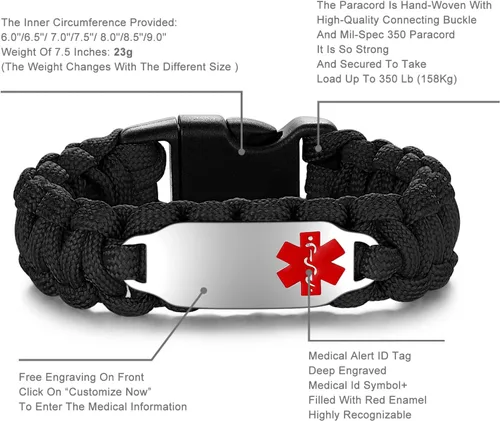 Miniatura 66 de Pulsera de alerta médica Paracord para hombres y mujeres Pulsera de identificación médica de acero inoxidable con hebillas de liberación lateral