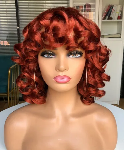 Miniatura 11 de Pelucas cortas y rizadas para mujeres negras, peluca rizada afro con flequillo, rizos sueltos, lindos rizos, pelo sintético para mujeres Negro