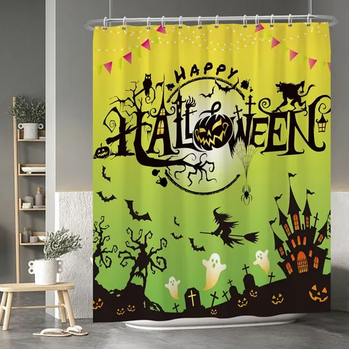 Miniatura 73 de Cortina de ducha de fantasma y gato negro para niños, 36 x 72 pulgadas, espeluznante y bonita, cortina de baño de Halloween con 6 ganchos, cortina