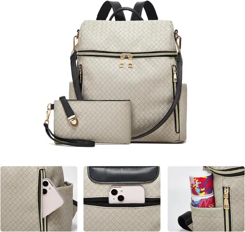 Miniatura 7 de Makes Mochila para mujer, de piel sintética, bolsa de viaje con diseño convertible con monedero, 2 piezas