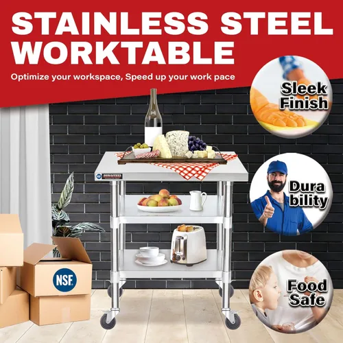 Miniatura 3 de Mesa de trabajo DuraSteel de acero inoxidable 30" x 24" x 34" de altura con 4 ruedas giratorias - Mesa de trabajo para preparación de alimentos