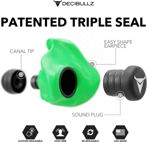 Miniatura 3 de Decibullz - Tapones para oídos moldeables a medida, 31 dB NRR más alto, protección auditiva cómoda para disparar, viajar, trabajar y conciertos Verde