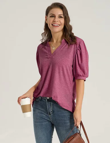 Miniatura 6 de YESNO Camisas de manga corta para mujer, estilo casual, cuello en V, blusas elegantes de manga abombada, TY0