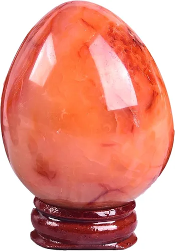 Miniatura 15 de AMOYSTONE Huevo de cristal de cuarzo rosa natural grande para curación y práctica de reiki, piedra de decoración del hogar con base, 3-3.5 pulgadas