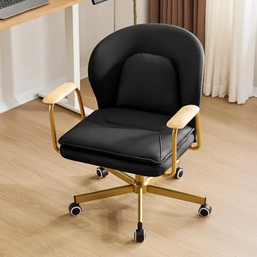 Miniatura 3 de Furniliving Sillas de oficina de cuero, silla de oficina dorada, silla giratoria ajustable para computadora con patas doradas y reposabrazos