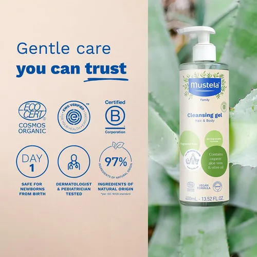 Miniatura 5 de Mustela Gel limpiador orgánico certificado – Gel de lavado natural para cabello y cuerpo con aceite de oliva y aloe vera – para bebés, niños