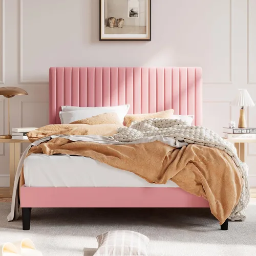 SHA CERLIN - Base de cama tamaño Queen tapizada con cabecera ajustable; diseño acolchado en terciopelo con canales verticales; soporte de listones