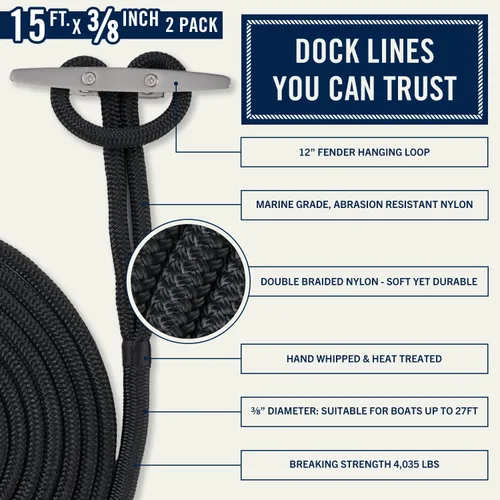 Miniatura 2 de RainierSupplyCo Líneas de Amarre - Paquete de 2 cuerdas de barco para atraque con bucle, cuerda marina de nailon doble trenzada de alta calidad