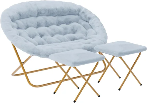 Flash Furniture Eleanor - Silla portátil doble platillo con 2 otomanas, marcos de acero plegables, para dormitorio o dormitorio, 56 pulgadas, piel
