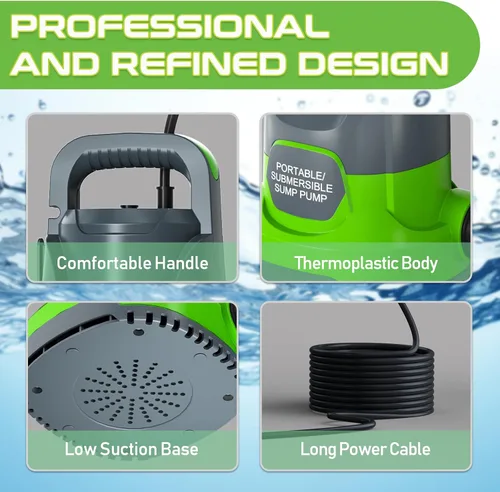 Miniatura 5 de Bomba de sumidero 1.1HP Bomba de agua sumergible 4700GPH Bomba de agua eléctrica portátil de transferencia para piscina de drenaje sótano, verde