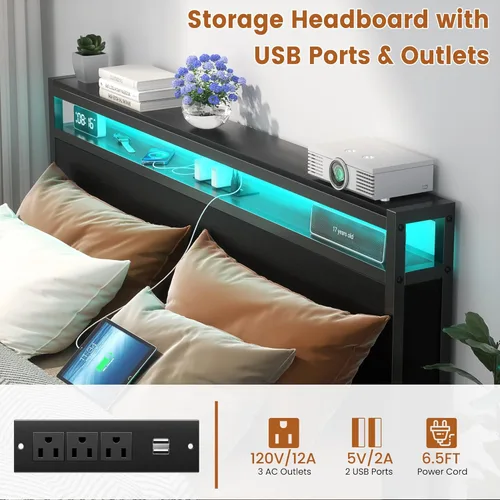 Miniatura 4 de Homieasy Armazón de Cama Full Size con Cabecero, Armazón de Cama Full de Metal Industrial con Estación de Carga y Luces LED, Cama Plataforma Sin