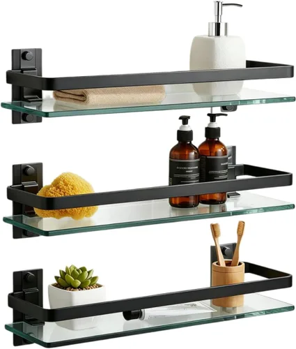 AIJALY Paquete de 3 estantes de vidrio para baño, vidrio templado de aluminio de 0.34 pulgadas, extra grueso, rectangular, 1 nivel, organizador de