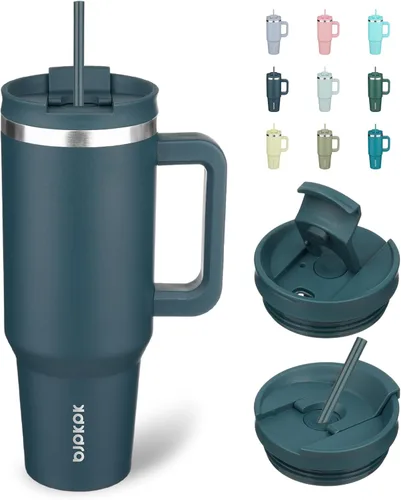 Miniatura 31 de BJPKPK - Vasos con aislamiento térmico, con asa y pajilla, vasos térmicos de acero inoxidable de 40 onzas con tapa, color rosado claro Rosa claro