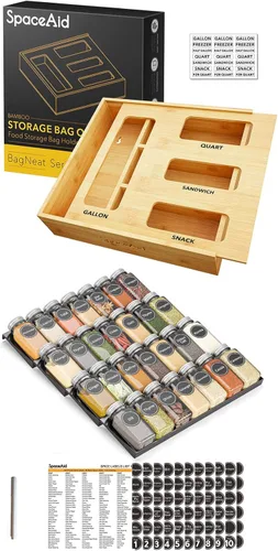 SpaceAid Organizador de almacenamiento de bolsas (1 caja con 4 ranuras), organizador de cajones de especias SpaceAid con 28 tarros de especias
