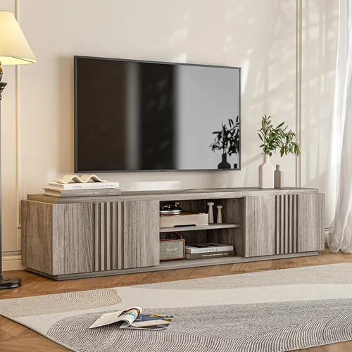 BELLEZE Soporte de TV acanalado de 70 pulgadas para televisores de hasta 75 pulgadas, mesa consola central de entretenimiento multimedia con cajones