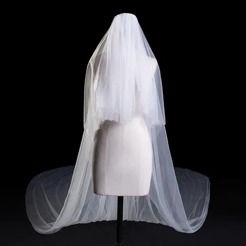 Miniatura 7 de Kercisbeauty 3M 2T suave tul transparente catedral boda velo de encaje doble capa gota con peine para novia vestido de pelo marfil